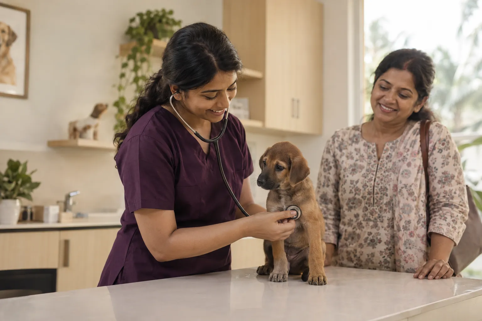 A veterinarian in plum scrubs examining a brown puppy with a stethoscope while its owner watches