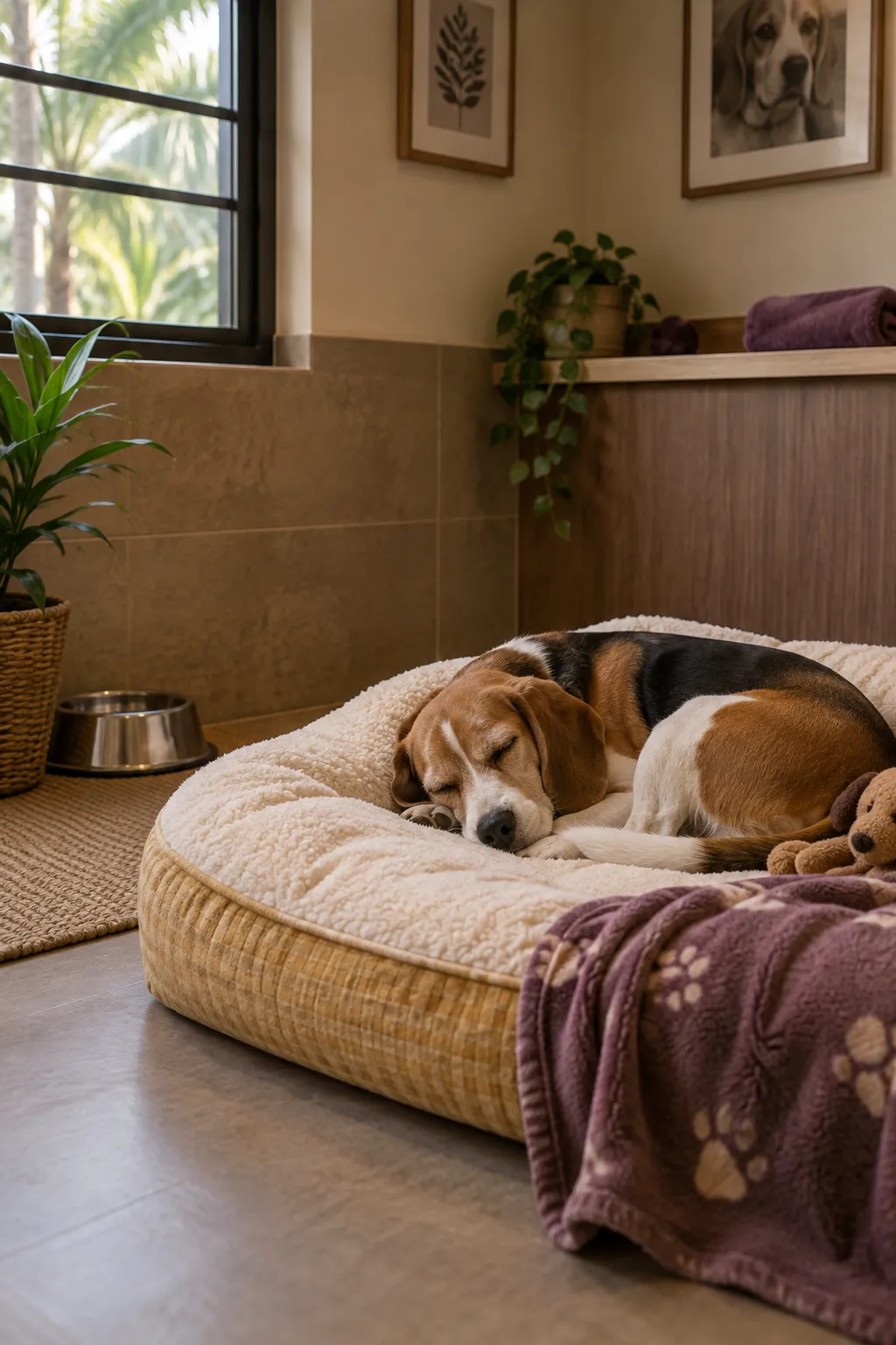 A beagle asleep on clean bedding in a boarding suite