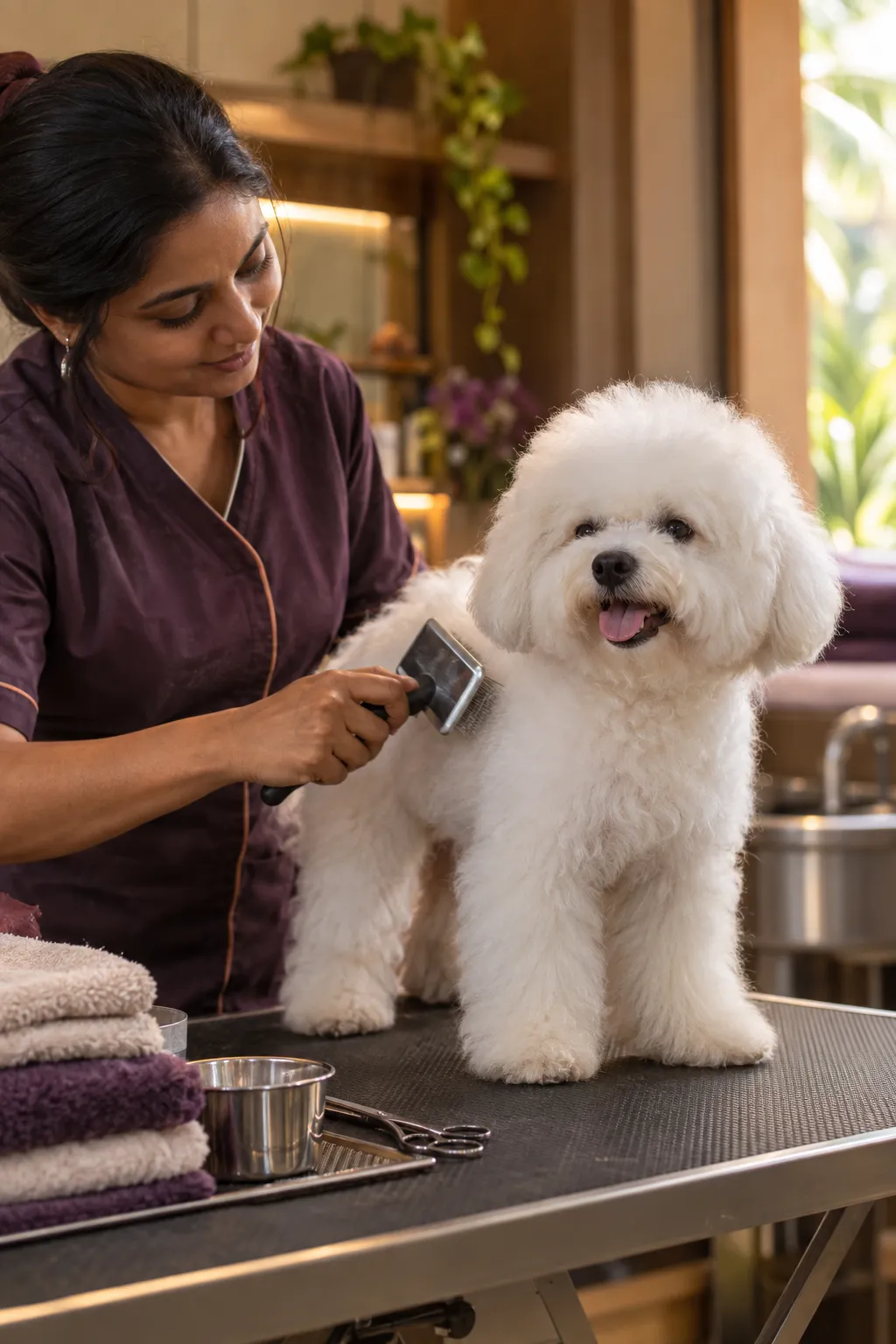 A groomer brushing a fluffy white Bichon Frise on a grooming table